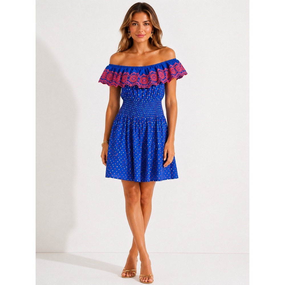 Lilly Pulitzer Kalama Off Shoulder Ruffle Dress Borealis Blue Smocked Mini XS